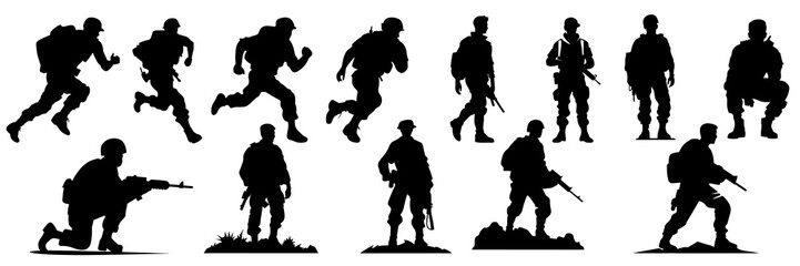 Soldier silhouettes set, large pack of vector silhouette design, isolated white background