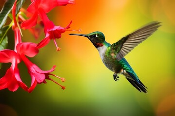 Fototapeta na wymiar Enchanting Jewel Hummingbird in Lush Tropical Garden. Generative AI