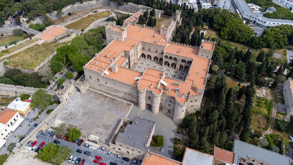 Rhodes old town with Palace of the Grand Master aerial panoramic view in Rhodes island in Greece