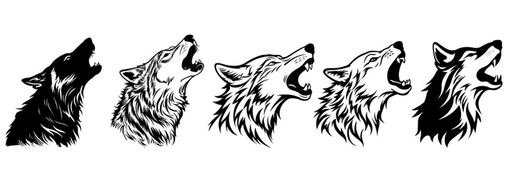 Wolf silhouettes set, large pack of vector silhouette design, isolated white background.