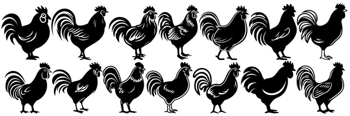 Fototapeta na wymiar Chicken silhouettes set, large pack of vector silhouette design, isolated white background