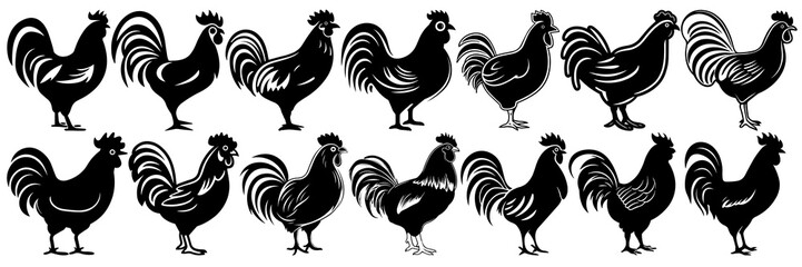 Chicken silhouettes set, large pack of vector silhouette design, isolated white background