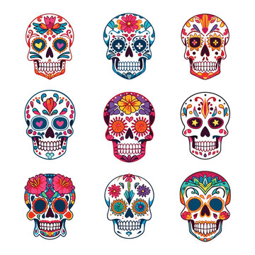 Hand drawn flat dia de muertos skulls collection, Decorated mexican skulls 