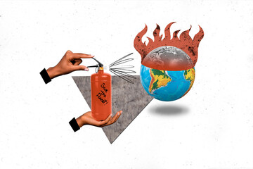 Poster banner collage of people hands holding fire extinguisher try rescue fire on earth natural...