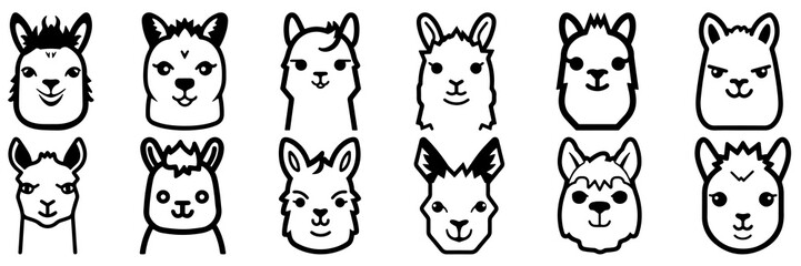 Kawaii llama alpaca silhouettes set, large pack of vector silhouette design, isolated white background