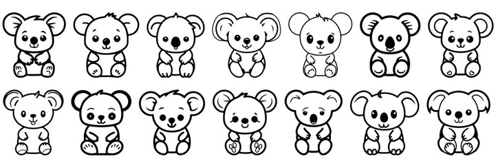 Fototapeta premium Kawaii koala silhouettes set, large pack of vector silhouette design, isolated white background