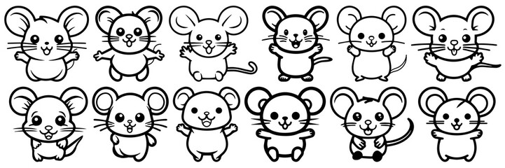 Obraz na płótnie Canvas Kawaii mouse silhouettes set, large pack of vector silhouette design, isolated white background