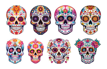 Hand drawn flat dia de muertos skulls collection, Decorated mexican skulls 