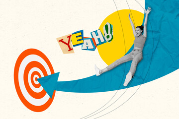 Collage picture progress woman sliding arrow career award achievement celebration screaming yeah shouting isolated on white background