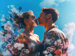 A man and a woman kissing in front of a blue sky. Generative AI image.