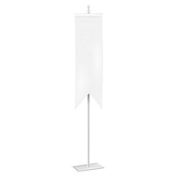 Blank fabric swallowtail flag on metal pole stand vector mock-up. Hanging guidon banner isolated on white background realistic mockup. Template for design