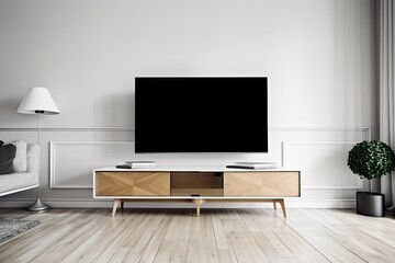 a blank, contemporary flat screen TV that is effortlessly mounted on a white wall. Generative AI