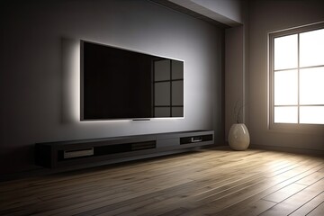 Naklejka na ściany i meble a blank black LED television screen against a wall. Generative AI