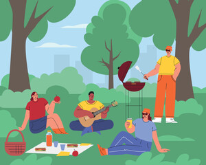People in the park. Summer picnic with friends. A man plays the guitar, barbecue a girl eats an apple. Flat vector illustration