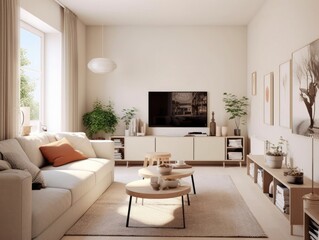 Fototapeta premium Scandinavian-style living room design with a modern television cabinet and wall decorations of picture frames. Generative AI