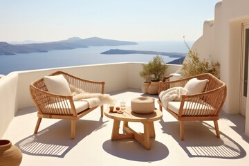 Modern architecture and design of a designer villa, balcony with sea view in a Mediterranean landscape