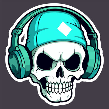 a skull wearing headphones and a cap, cartoon style, sticker illustration