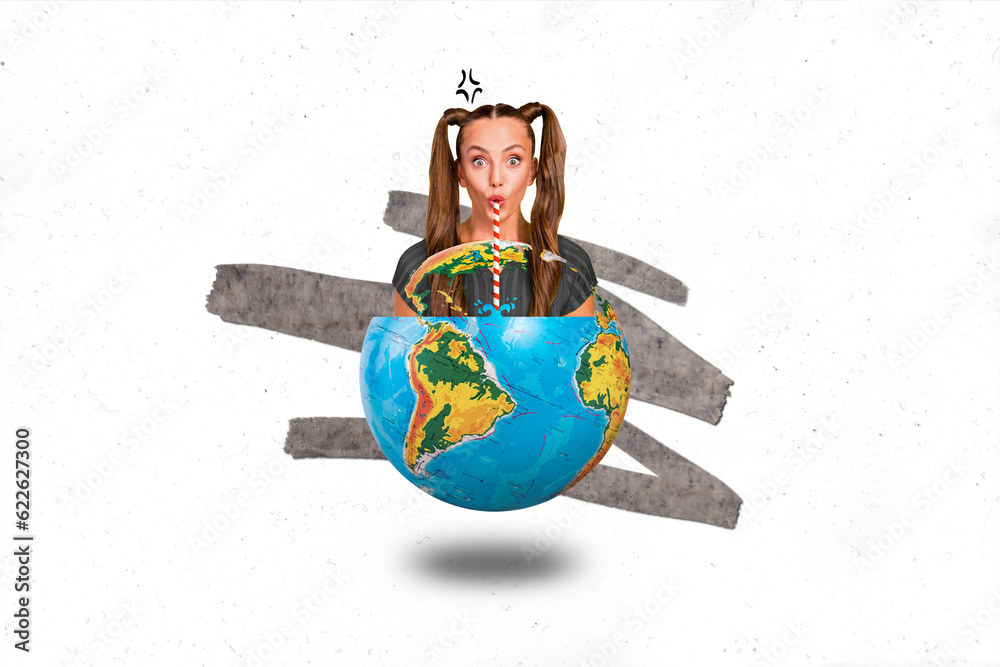 Wall mural template image collage of lady people population harmful impact on earth cause climate change drough