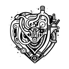 Steampunk mechanical black heart for print, vector illustration