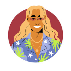 Fashion man with long hair, face avatar. Modern trendy cool young guy in sunglasses, hawaiian shirt, accessories. Head portrait in circle. Flat vector illustration isolated on white background