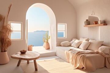 Fototapeta na wymiar Interior design of a greek residence, showcasing sleek architecture and sea views