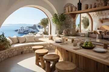 Fototapeta na wymiar Interior design of a greek residence, showcasing sleek architecture and sea views