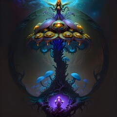 Dark fairy trees with mushrooms in dark and glowing background. 