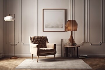 a contemporary antique living room interior Blank poster on a beige wall, white cushioned armchair . Generative AI