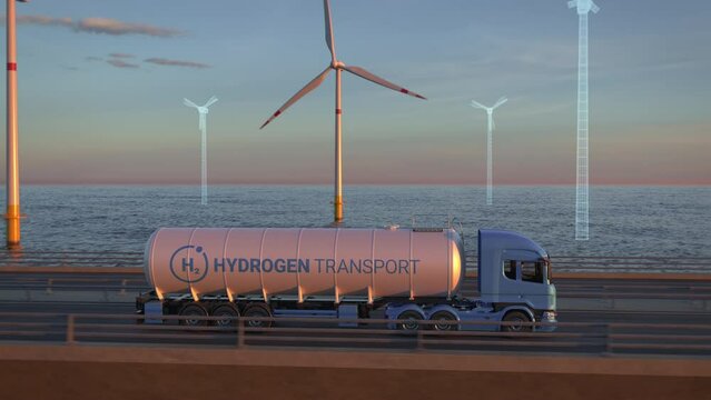 Offshore wind turbines building up behind a generic electric semi truck with hydrogen tank trailer driving along bridge. Expansion of renewable energies. Wind farm construction. Green energy concept