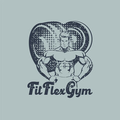 Vintage Fitness Fit Flex Gym Barbell Logotype Vector Grunge T Shirt Design