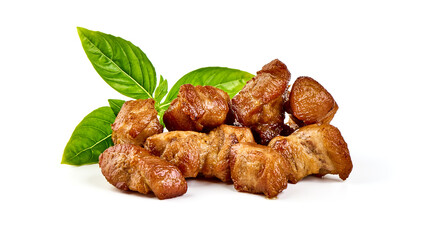 Roasted pork kebab. Grilled meat bbq, isolated on white background.
