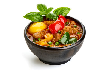 Hungarian goulash, pork stew, isolated on white background.