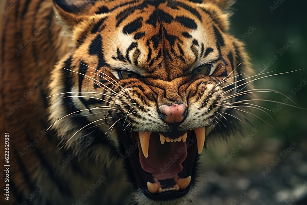 Wall mural snarling tiger with fangs close-up.