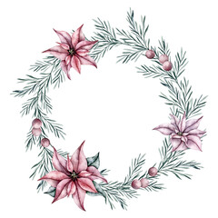 Watercolor wreath of red poinsettia flower and rosemary twigs with leaves and red berries. Botanical Winter flowers. Hand painted watercolor illustration for Christmas, wedding invitation, greetings