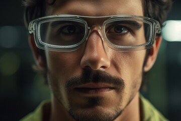 Focused worker man portret technological industrial complex factory production line workers face safety measures eyewear manufacturing mechanical scientific close-up employee enthusiasm concentration