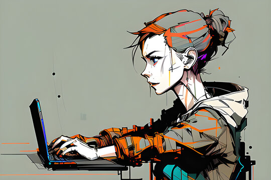 Cartoon zeichnung cyberpunk w&uuml;tende grimmige kleine rebellische junge frau teeen teenager m&auml;dchen frau - genrative ki., fiktiver Charakter