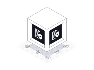 Insurance box illustration in isometric style. Background is Insurance line icons containing health insurance.