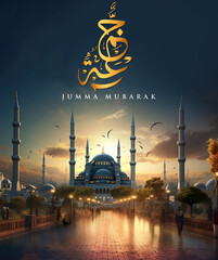 Naklejka premium Jumma Mubarak Arabic calligraphy translated as Bless Friday