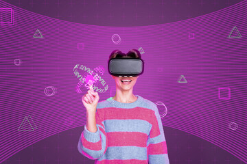 Template futurism collage of excited millennial girl playing with vr goggles choose right geometric...