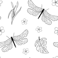 Seamless pattern with Dragonflies. Line drawing. Illustration of Dragonflies, Leaves and Flowers.