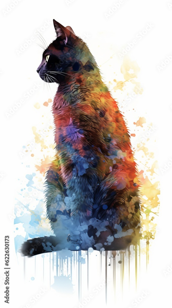 Wall mural Silhouette of a sitting cat with bright spots on a white background Generative AI