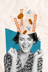 Vertical creative collage of young crazy woman fists up hooray celebrate business success working...