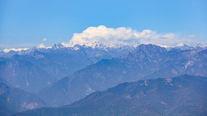 Fototapeta na wymiar The Himalayan mountain range with snow capped mountains that can be seen from Dochula Pass, Bhutan