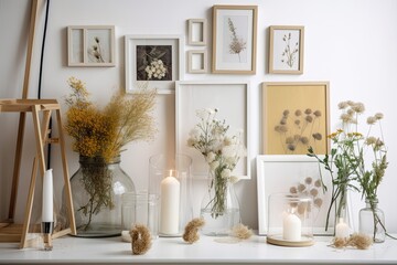 A bright wall with photoframes and dried flowers in a minimalistic setting. Generative AI