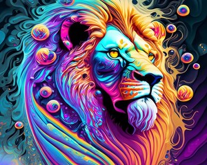 Swirling colors with bubbles and droplets forming the image of a lion Generative AI
