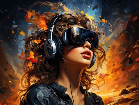 Woman wearing a VR headset, futuristic virtual world, digital art illustration and colorful. Generative AI