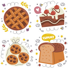 Doodle Bakery Stickers Set Vector Illustration.