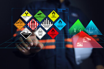 safety officer define hazardous substance areas for easy control and tracking, and separate them from public housing areas and parks. such as flammable, explosive, toxic gas, etc. - obrazy, fototapety, plakaty
