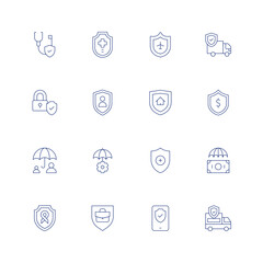 Insurance line icon set on transparent background with editable stroke. Containing medical insurance, travel insurance, truck, padlock, personal security, shield, protection, risk management.