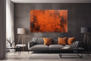 A chic abstract painting adorns the wall of a modern living room. Generative AI